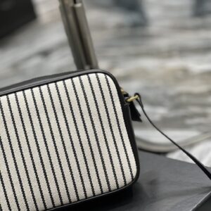 SAINT LAURENT Lou Medium Ysl Striped Canvas Camera Crossbody Bag In Grey Cream