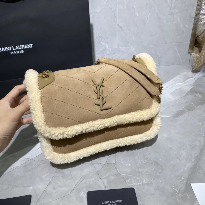 Saint Laurent Medium Niki Shoulder Bag in Tan/Cream Nubuck and Shearling Brown Beige