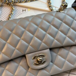 CHANEL FLAP BAG 25CM GOLD HARDWARE GREY CAVIAR