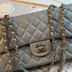CHANEL FLAP BAG 25CM GOLD HARDWARE GREY CAVIAR
