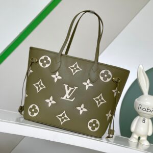 LV NEVERFULL MM KHAKI CREAM MONOGRAM EMPREINTE LEATHER