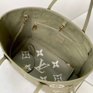 LV NEVERFULL MM KHAKI CREAM MONOGRAM EMPREINTE LEATHER