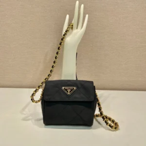 MINI QUILTED FLAP BAG 14 IN BLACK RE-NYLON FABRIC GOLD CHAIN