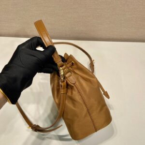 BUCKET BAG 19 IN RUSSET BROWN RE-NYLON AND CALFSKIN HANDLE