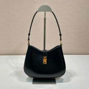 PRADA CLEO SHOULDER BAG 22 IN BLACK BRUSHED LAMBSKIN WITH CLASP CLOSURE