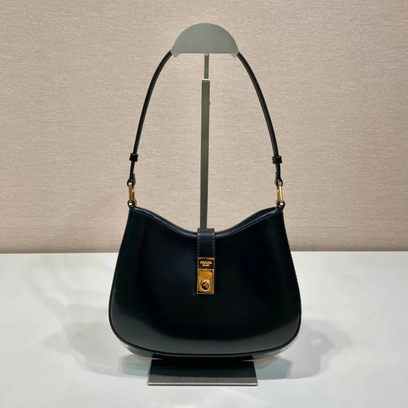 PRADA CLEO SHOULDER BAG 22 IN BLACK BRUSHED LAMBSKIN WITH CLASP CLOSURE