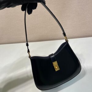 PRADA CLEO SHOULDER BAG 22 IN BLACK BRUSHED LAMBSKIN WITH CLASP CLOSURE