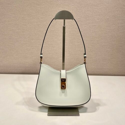 PRADA CLEO SHOULDER BAG 22 IN WHITE BRUSHED LAMBSKIN WITH CLASP CLOSURE