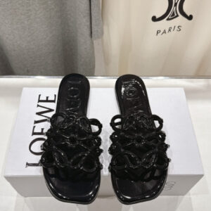 Loewe Leather Petal Anagram Slides in Black