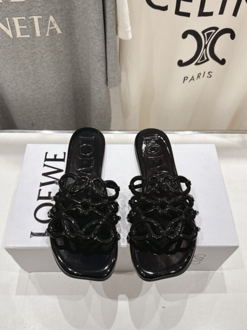 Loewe Leather Petal Anagram Slides in Black