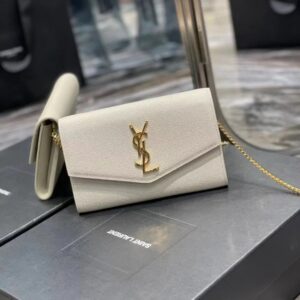 Saint Laurent Grain De Poudre Uptown Chain Wallet White