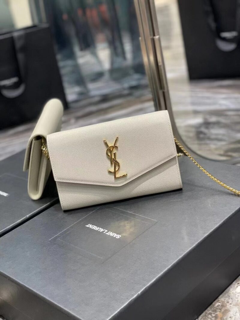 Saint Laurent Grain De Poudre Uptown Chain Wallet White