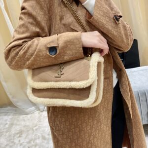 Saint Laurent Medium Niki Shoulder Bag in Tan/Cream Nubuck and Shearling Brown Beige