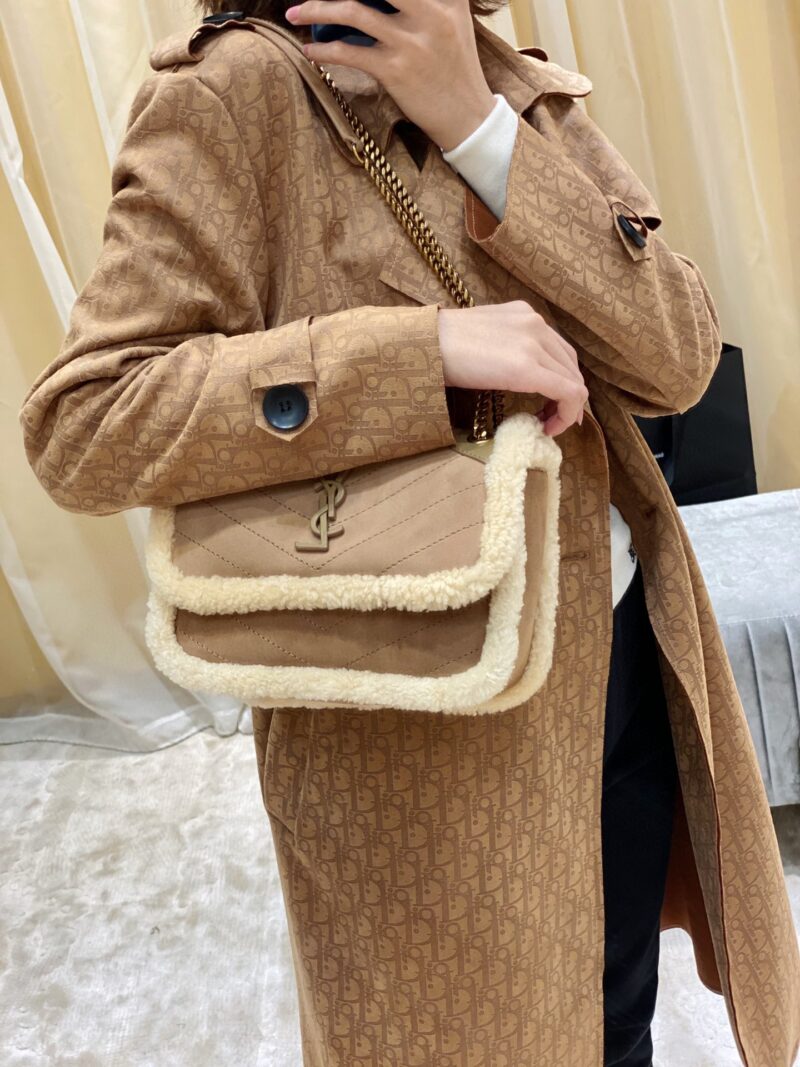 Saint Laurent Medium Niki Shoulder Bag in Tan/Cream Nubuck and Shearling Brown Beige