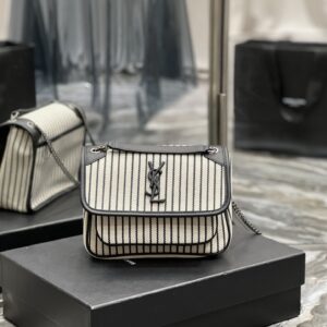 Saint Laurent Cotton Canvas Striped Vintage Calfskin Monogram Medium Niki Chain Satchel