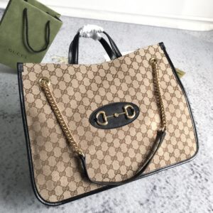Gucci Brown Large GG Canvas 1955 Horsebit Chain Tote Beige
