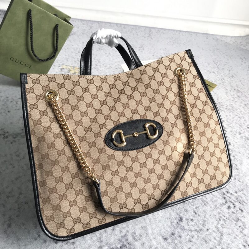 Gucci Brown Large GG Canvas 1955 Horsebit Chain Tote Beige