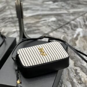 SAINT LAURENT Lou Medium Ysl Striped Canvas Camera Crossbody Bag In Grey Cream