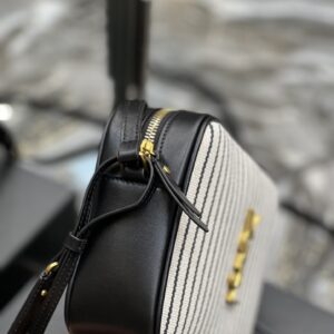 SAINT LAURENT Lou Medium Ysl Striped Canvas Camera Crossbody Bag In Grey Cream