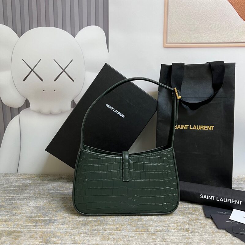 SAINT LAURENT Le 5 À 7 Green Crocodile-effect Leather Shoulder Bag In Dark Green