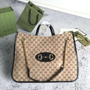 Gucci Brown Large GG Canvas 1955 Horsebit Chain Tote Beige