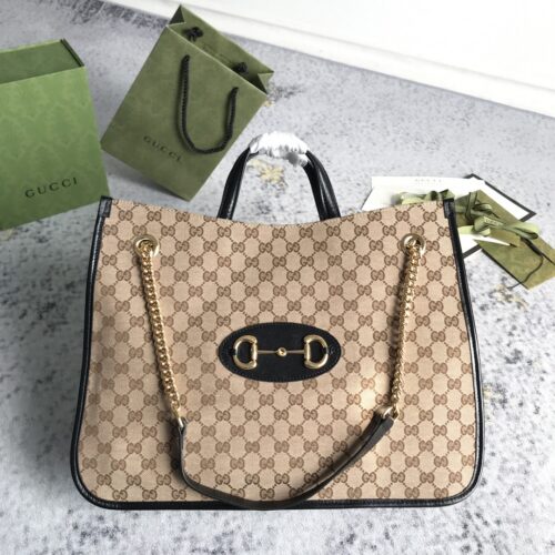 8f4bb7e1 Gucci Brown Large GG Canvas 1955 Horsebit Chain Tote Beige