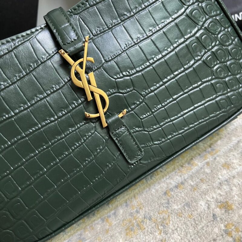 SAINT LAURENT Le 5 À 7 Green Crocodile-effect Leather Shoulder Bag In Dark Green