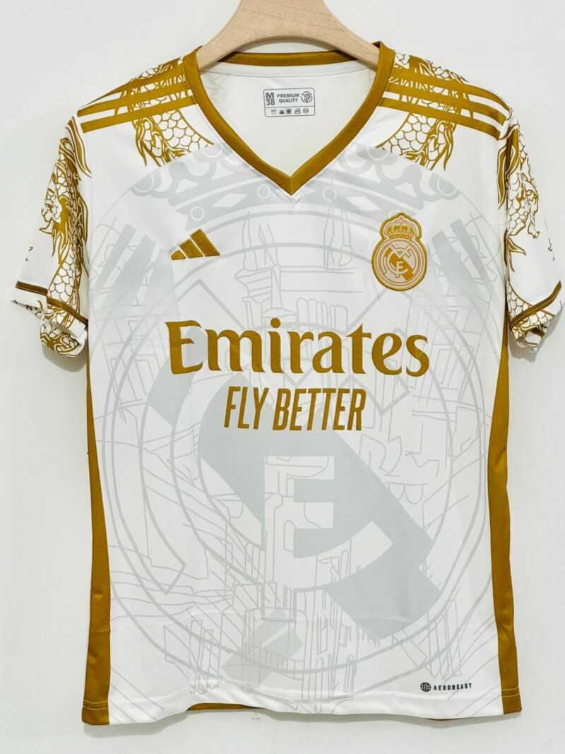 Unleash Royal Power with the 2024-25 Real Madrid Gold Dragon Jersey – Embroidery Edition