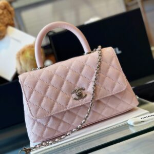 Chanel Coco Handbags Leather Pink With Silver Lock 23cm