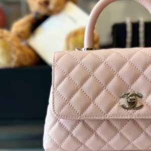 Chanel Coco Handbags Leather Pink With Silver Lock 23cm