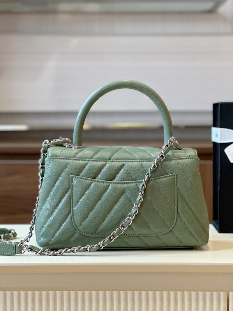 Chanel Coco V-shaped Pattern Replica 11 Handbag Green With Silver Lock 25cm