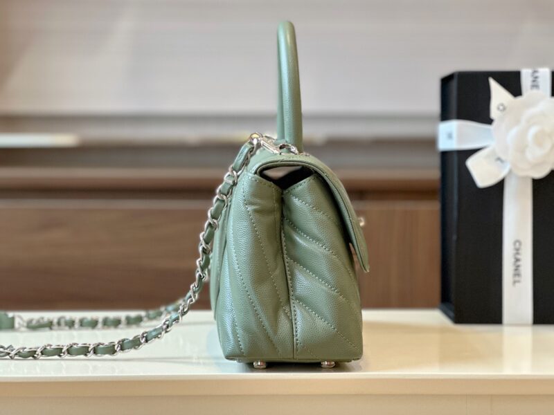 Chanel Coco V-shaped Pattern Replica 11 Handbag Green With Silver Lock 25cm