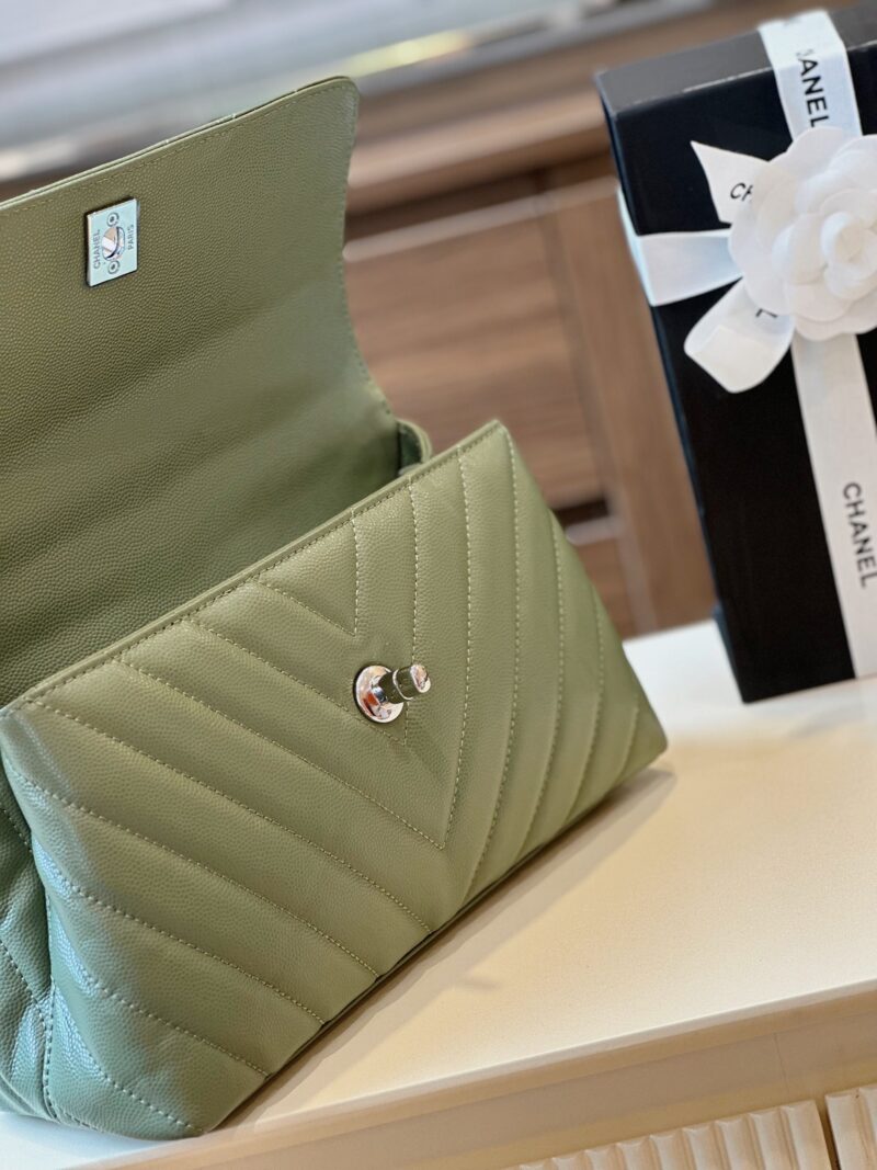 Chanel Coco V-shaped Pattern Replica 11 Handbag Green With Silver Lock 25cm