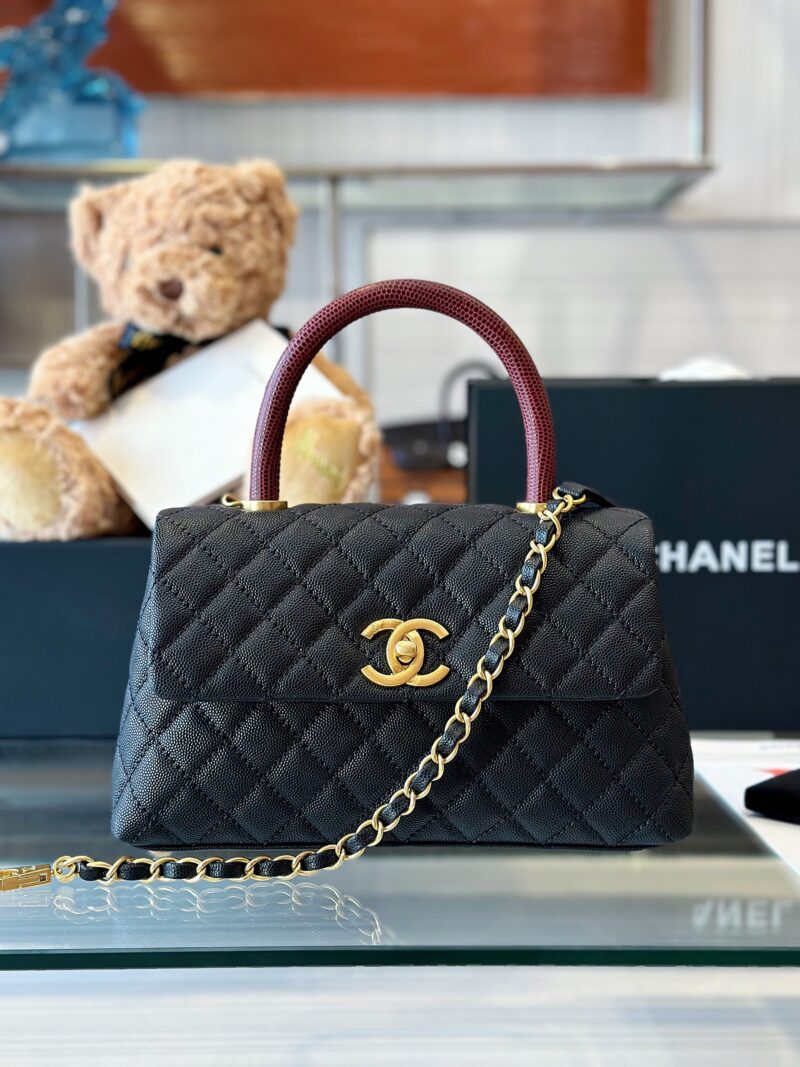 Chanel Handbag Coco Lock Gold Lizard Skin Black 24cm