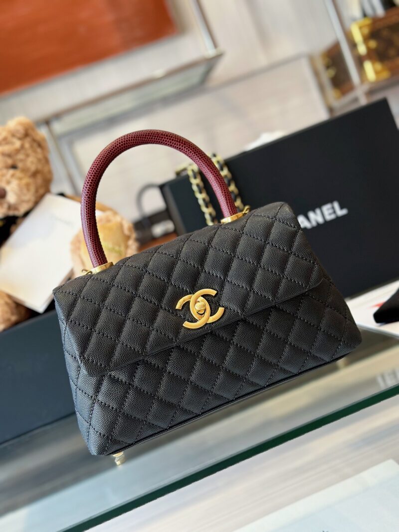 Chanel Handbag Coco Lock Gold Lizard Skin Black 24cm