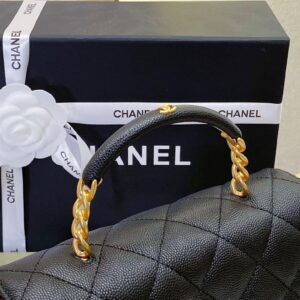 Chanel Handle Woman’s Black Leather Handbags Pebbled Leather 19cm