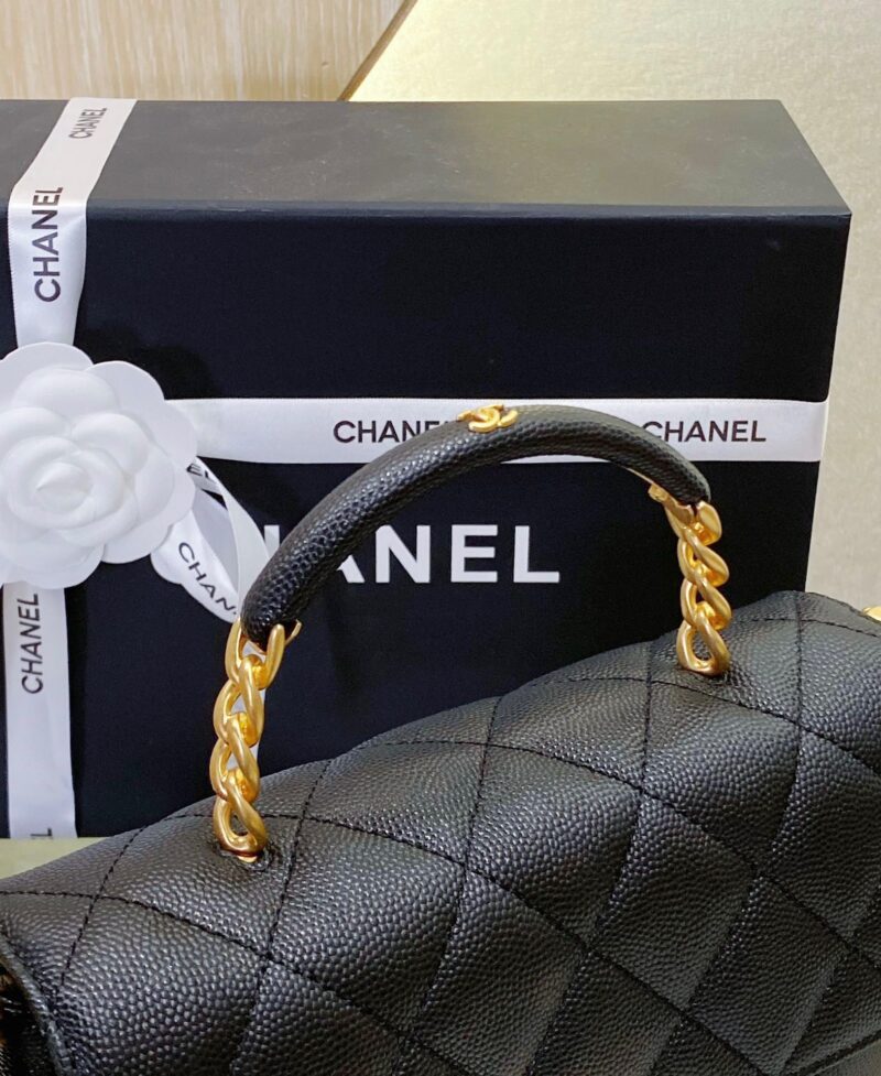 Chanel Handle Woman’s Black Leather Handbags Pebbled Leather 19cm