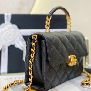 Chanel Handle Woman’s Black Leather Handbags Pebbled Leather 19cm