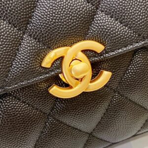 Chanel Handle Woman’s Black Leather Handbags Pebbled Leather 19cm