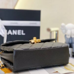 Chanel Handle Woman’s Black Leather Handbags Pebbled Leather 19cm