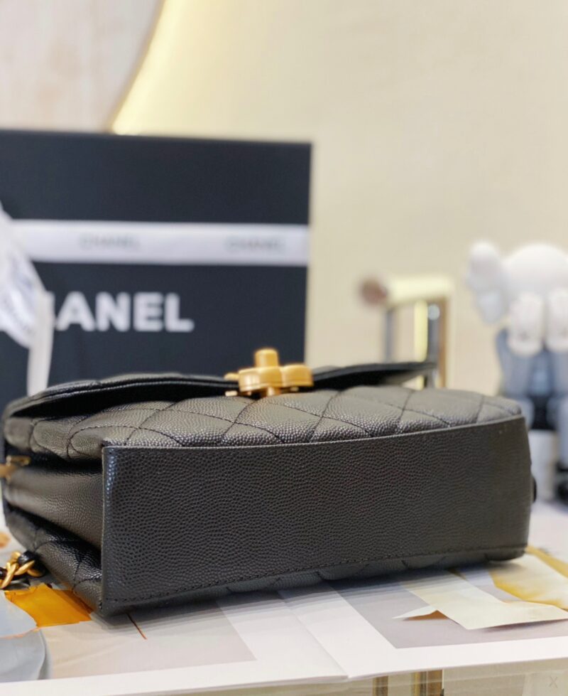 Chanel Handle Woman’s Black Leather Handbags Pebbled Leather 19cm