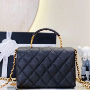 Chanel Handle Woman’s Black Leather Handbags Pebbled Leather 19cm