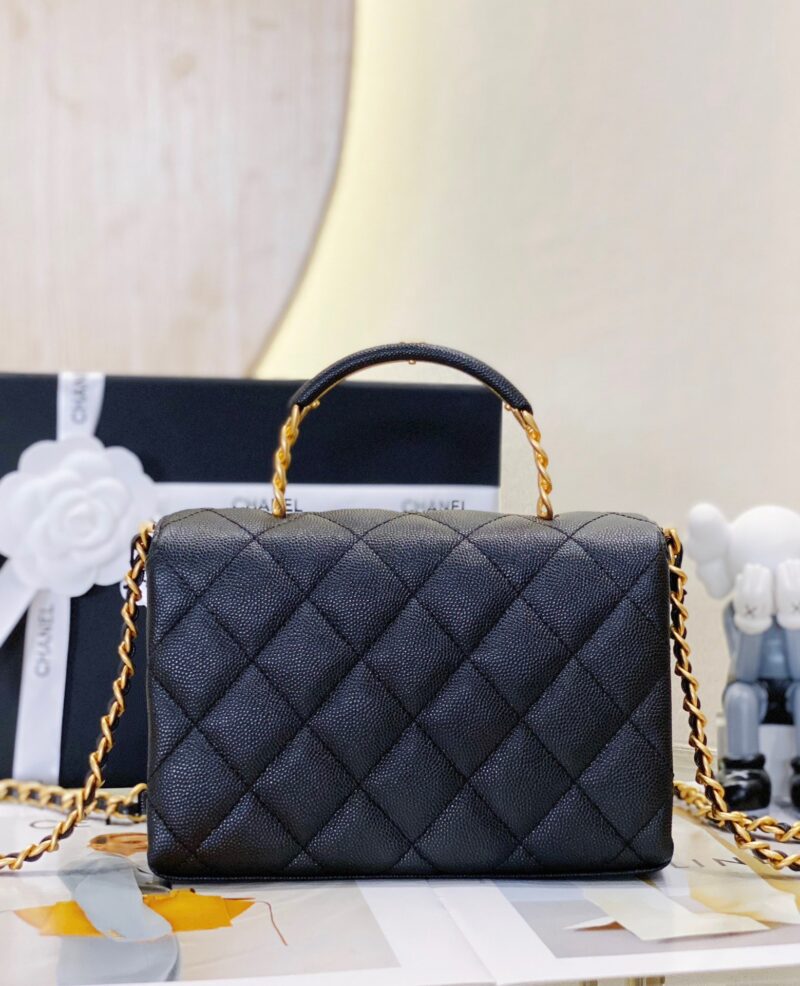 Chanel Handle Woman’s Black Leather Handbags Pebbled Leather 19cm