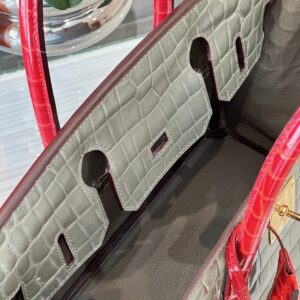 Hermes Birkin Genuine Crocodile Leather Gray and Red Custom Made