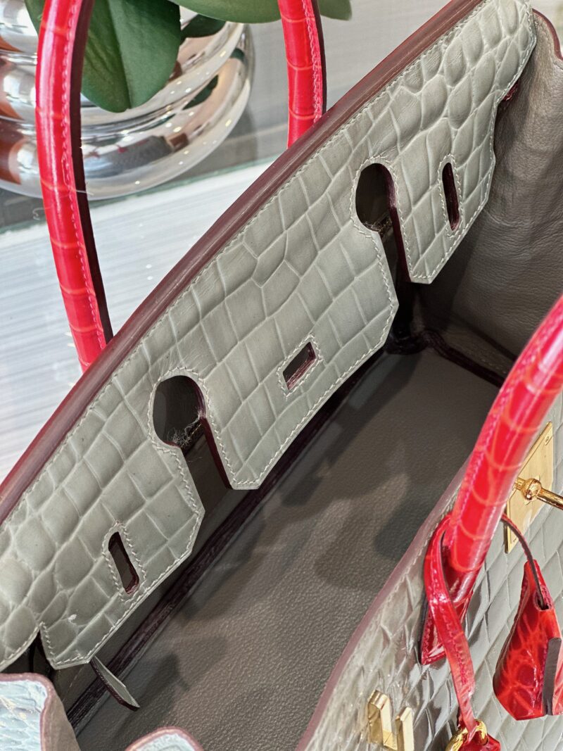 Hermes Birkin Genuine Crocodile Leather Gray and Red Custom Made