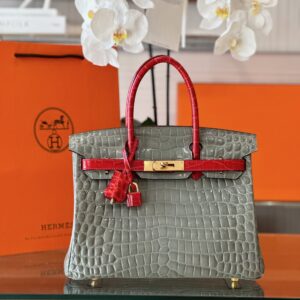 Hermes Birkin Genuine Crocodile Leather Gray and Red Custom Made