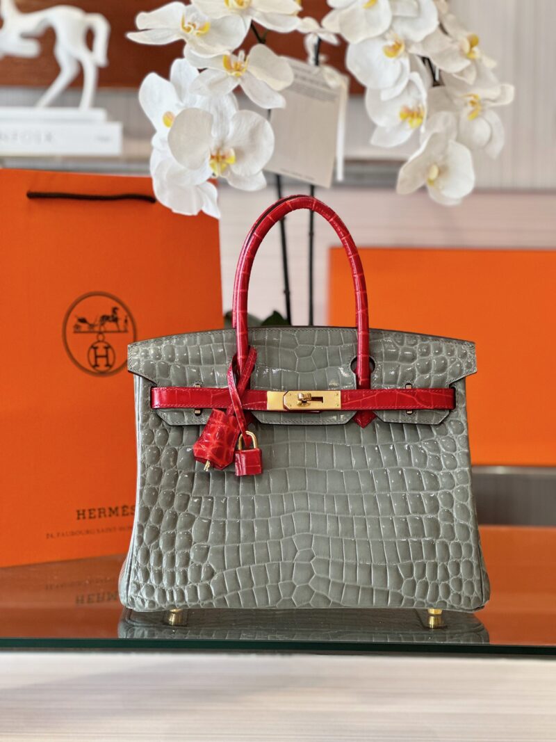 Hermes Birkin Genuine Crocodile Leather Gray and Red Custom Made