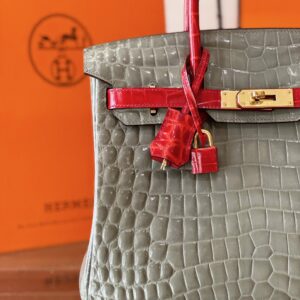 Hermes Birkin Genuine Crocodile Leather Gray and Red Custom Made
