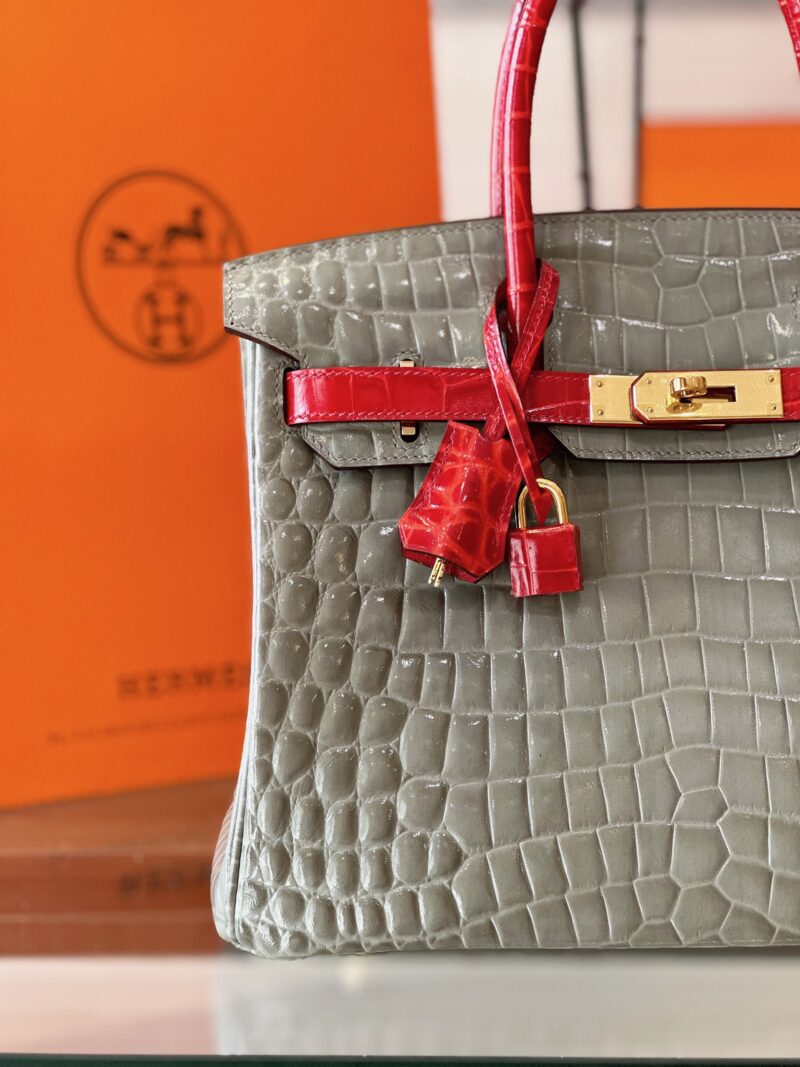 Hermes Birkin Genuine Crocodile Leather Gray and Red Custom Made