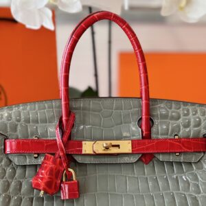 Hermes Birkin Genuine Crocodile Leather Gray and Red Custom Made